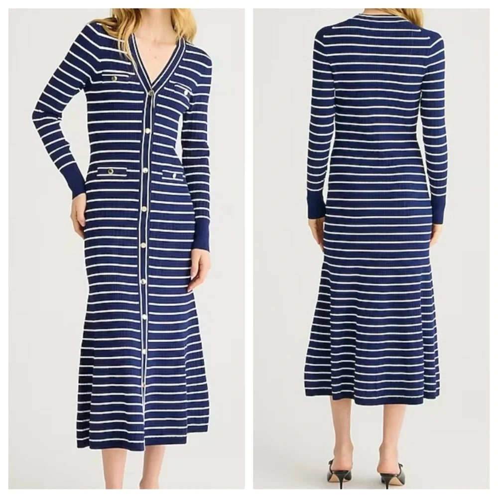 J Crew Button-up Sweater Dress in Navy Stripe | XS NWT